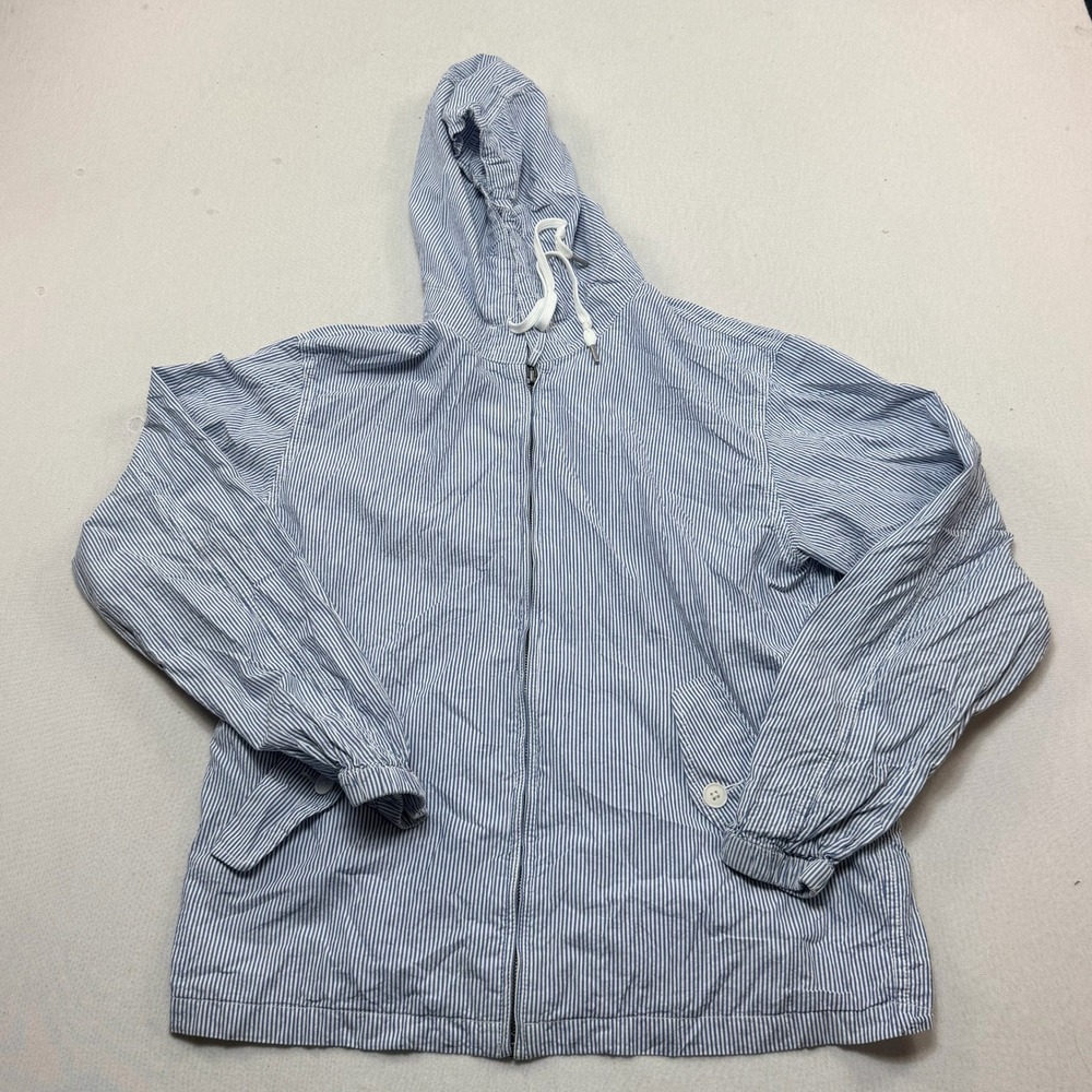Uniqlo Hooded Jacket Women Large Blue White Stripe Excellent Seersucker Zip